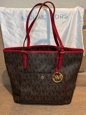 Michael Kors Jet Set Signature Tote Brown MK Canvas Red Leather Trim Dust Bag